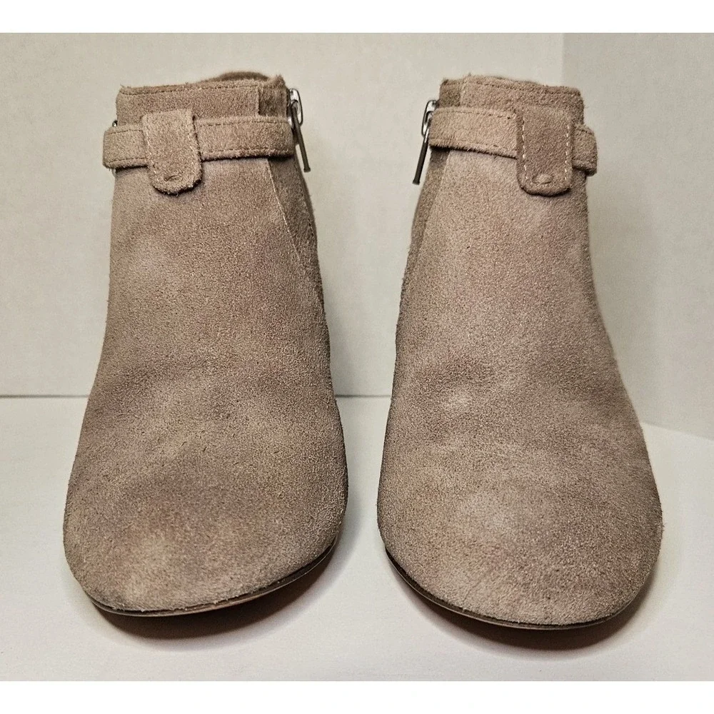 Coach Salene Taupe Suede Ankle Booties Stiletto Heel Logo Medallion 5B Chic